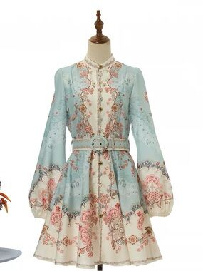 Designer-style Floral Belted Long-Sleeve Mini Dress in Light Blue and Cream